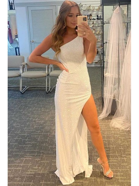 Long White One Shoulder Prom Dresses Formal Evening Gowns 901719