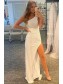 Long White One Shoulder Prom Dresses Formal Evening Gowns 901719