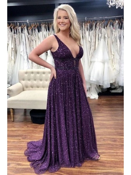 A-Line Long Purple Sparkle Sequins Prom Dresses Formal Evening Gowns 901737 A-Line Long Purple Sparkle Sequins Prom Dresses Formal Evening Gowns 901737