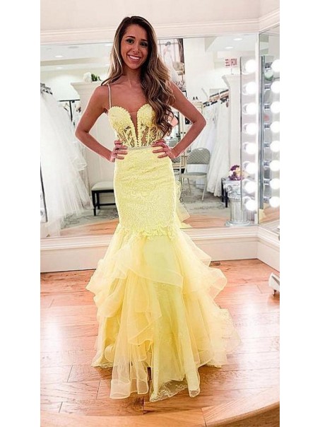 Long Yellow Mermaid Lace Prom Dresses Formal Evening Gowns 901740 Long Yellow Mermaid Lace Prom Dresses Formal Evening Gowns 901740
