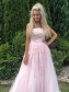 A-Line Long Pink Strapless Lace and Tulle Prom Dresses Formal Evening Gowns 901747