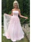 A-Line Long Pink Strapless Lace and Tulle Prom Dresses Formal Evening Gowns 901747