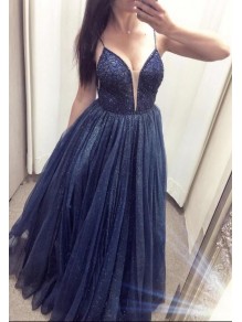 Long Navy Blue Tulle Sparkle Prom Dresses Formal Evening Gowns 901748 Long Navy Blue Tulle Sparkle Prom Dresses Formal Evening Gowns 901748