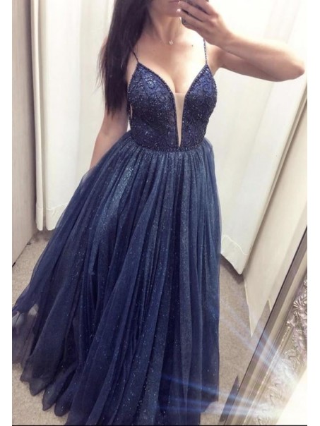 Long Navy Blue Tulle Sparkle Prom Dresses Formal Evening Gowns 901748 Long Navy Blue Tulle Sparkle Prom Dresses Formal Evening Gowns 901748