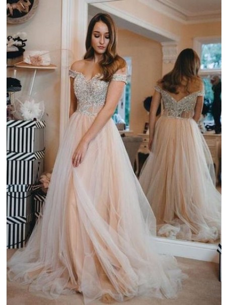 A-Line Lace and Tulle Long Prom Dresses Formal Evening Gowns 901752