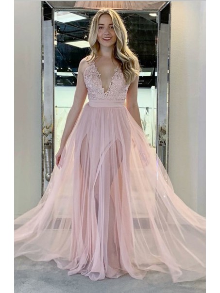 A-Line Lace and Tulle Long Pink Prom Dresses Formal Evening Gowns 901754 A-Line Lace and Tulle Long Pink Prom Dresses Formal Evening Gowns 901754