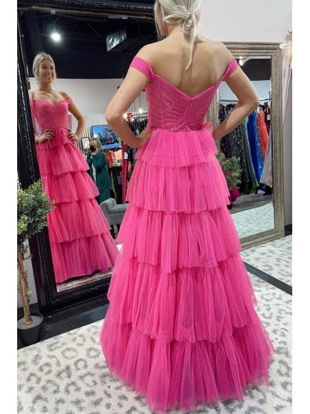 A-Line Fuchsia Tulle Long Prom Dresses Formal Evening Gowns 901759