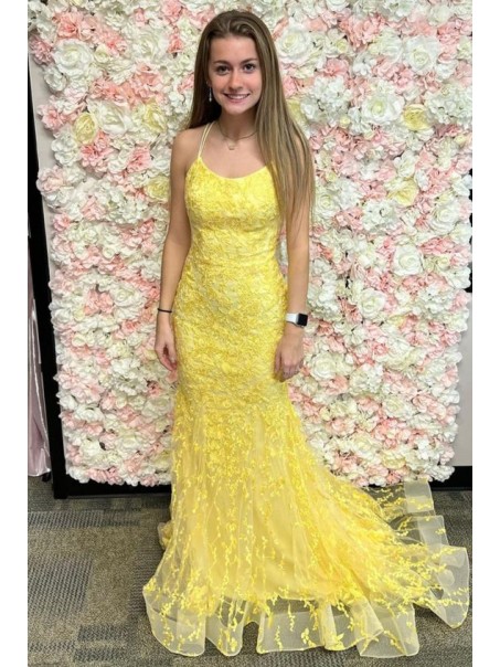 Long Yellow Mermaid Lace Prom Dresses Formal Evening Gowns 901764