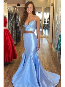 Long Blue Mermaid Two Pieces Prom Dresses Formal Evening Gowns 901777