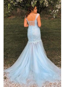 Long Blue Mermaid Lace and Tulle Prom Dresses Formal Evening Gowns 901779