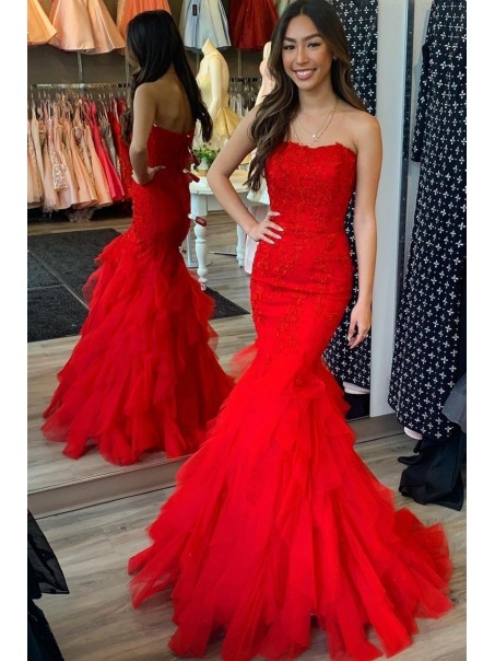Long Red Mermaid Lace and Tulle Prom Dresses Formal Evening Gowns 901784