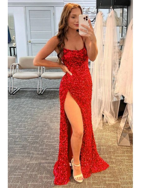 Simple Stunning Long Red Sequins Prom Dresses Formal Evening Gowns 901812