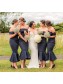 Mermaid Tea Length Off the Shoulder Navy Blue Bridesmaid Dresses 902005