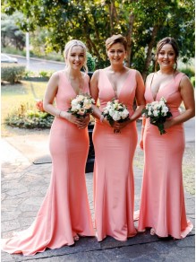 Long Pink Mermaid Floor Length Bridesmaid Dresses 902029