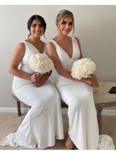 Long White Mermaid V Neck Bridesmaid Dresses 902034 Long White Mermaid V Neck Bridesmaid Dresses 902034