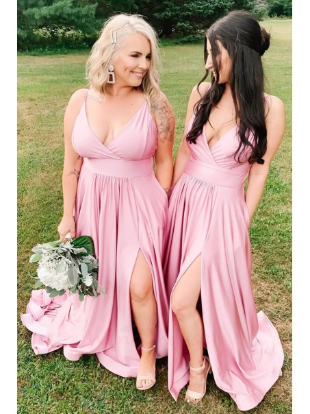 Long Pink V Neck Floor Length Bridesmaid Dresses 902040