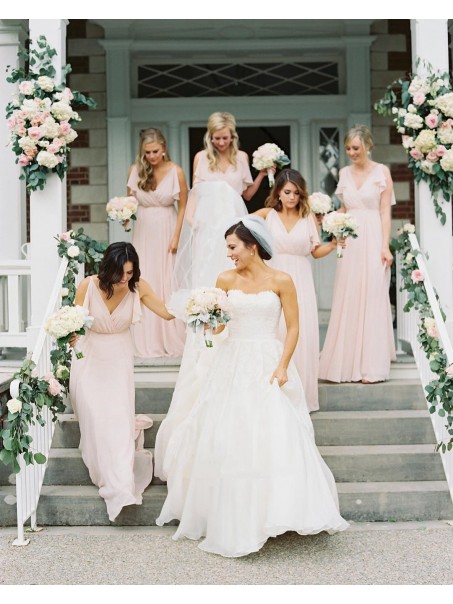 Long Pink Chiffon V Neck Floor Length Bridesmaid Dresses 902042