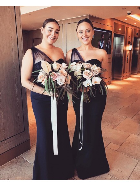 Long Navy Blue Mermaid One Shoulder Bridesmaid Dresses 902043