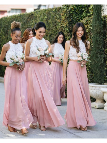 Long Pink White Chiffon and Lace Bridesmaid Dresses 902044 Long Pink White Chiffon and Lace Bridesmaid Dresses 902044