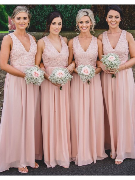 Long Pink Chiffon and Lace V Neck Bridesmaid Dresses 902046 Long Pink Chiffon and Lace V Neck Bridesmaid Dresses 902046
