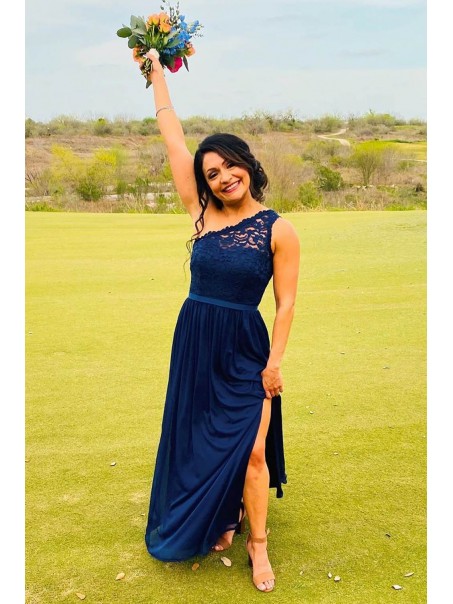 Long Royal Blue Chiffon and Lace Floor Length Bridesmaid Dresses 902047