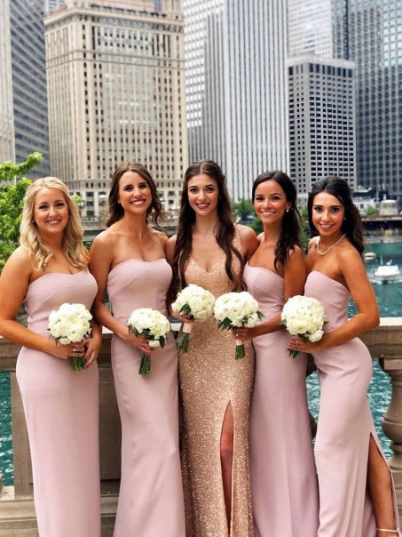 Mermaid Strapless Long Pink Floor Length Bridesmaid Dresses 902049