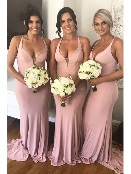 Long Pink V Neck Floor Length Bridesmaid Dresses 902051