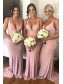 Long Pink V Neck Floor Length Bridesmaid Dresses 902051