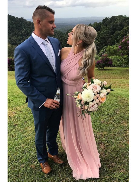 Long Pink Chiffon Floor Length Bridesmaid Dresses 902052