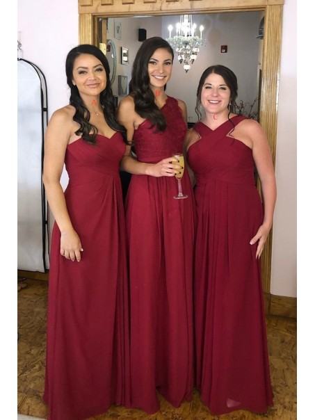 Burgundy Chiffon Long Bridesmaid Dresses 902053