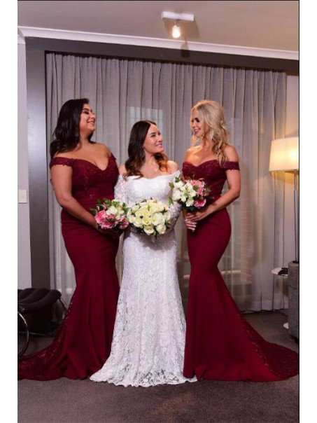 Long Burgundy Lace Mermaid Floor Length Bridesmaid Dresses 902062