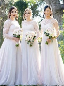 Long White Lace and Chiffon Bridesmaid Dresses with Long Sleeves 902087