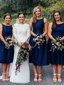 Short Navy Blue Knee Length Bridesmaid Dresses 902090