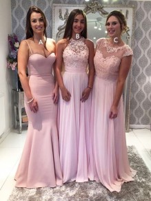 Long Pink Floor Length Bridesmaid Dresses 902103