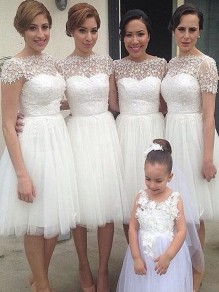 Short White Knee Length Lace and Tulle Bridesmaid Dresses 902105 Short White Knee Length Lace and Tulle Bridesmaid Dresses 902105