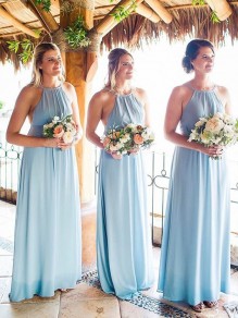 Long Blue Chiffon Floor Length Bridesmaid Dresses 902117