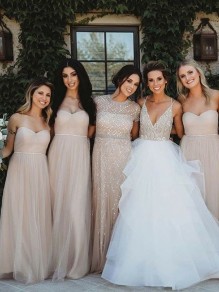 A-Line Sweetheart Long Tulle Floor Length Bridesmaid Dresses 902119