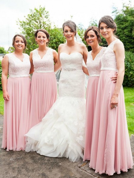 A-Line Long Pink Chiffon and Lace Floor Length Bridesmaid Dresses 902123 A-Line Long Pink Chiffon and Lace Floor Length Bridesmaid Dresses 902123