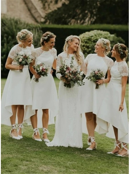 High Low Short White Lace Bridesmaid Dresses with Short Sleeves 902124