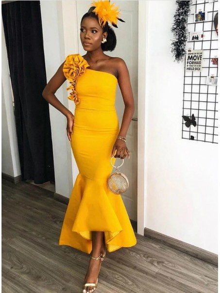 Mermaid One Shoulder Long Yellow Bridesmaid Dresses 902129