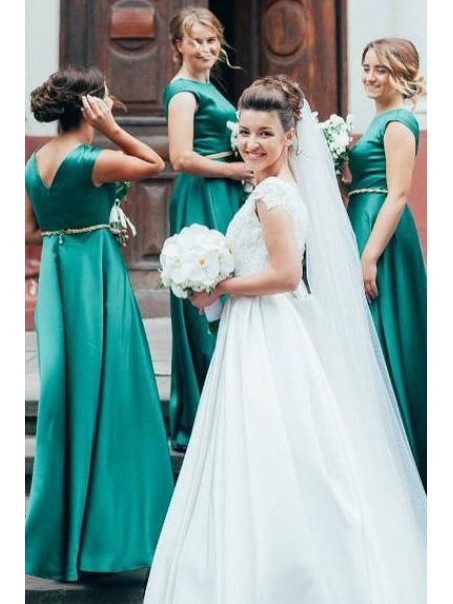 A-Line Long Green Floor Length Bridesmaid Dresses 902134