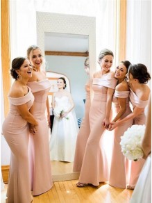 Long Mermaid Off the Shoulder Pink Floor Length Bridesmaid Dresses 902139