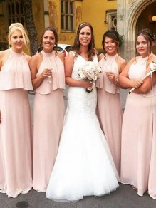 Long Pink Chiffon Floor Length Bridesmaid Dresses 902142