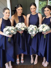 A-Line Asymmetrical Navy Blue Bridesmaid Dresses 902148