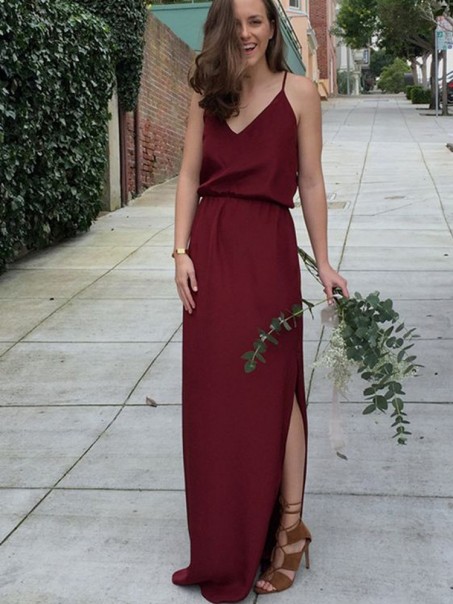 Modest Long Burgundy Chiffon Spaghetti Straps Bridesmaid Dresses 902156 Modest Long Burgundy Chiffon Spaghetti Straps Bridesmaid Dresses 902156