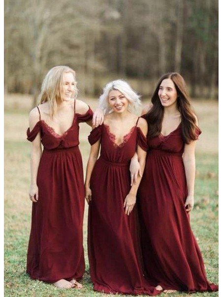 Modest Long Burgundy Chiffon Spaghetti Straps Bridesmaid Dresses 902157