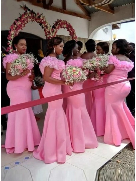 Mermaid Long Pink Off the Shoulder Bridesmaid Dresses 902159