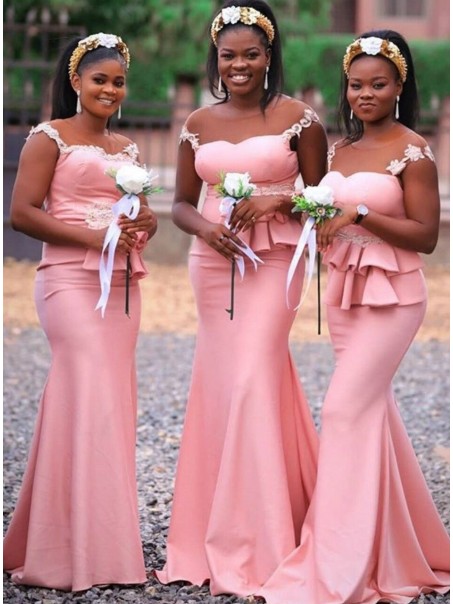 Modest Long Pink Mermaid Lace Floor Length Bridesmaid Dresses 902162