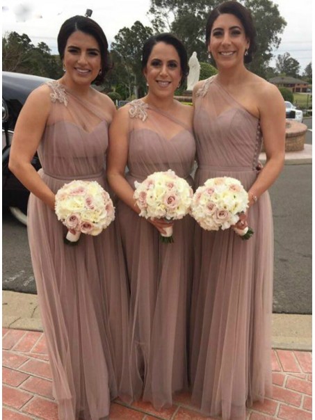 Long Tulle One Shoulder Floor Length Bridesmaid Dresses 902166