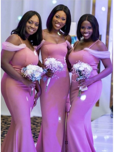 Long Pink Mermaid Spaghetti Straps Bridesmaid Dresses 902169